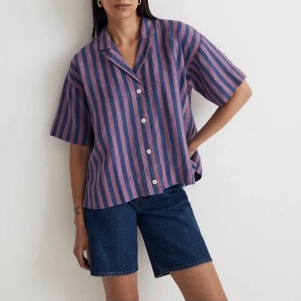 Madewell Purple Striped Linen Button Top